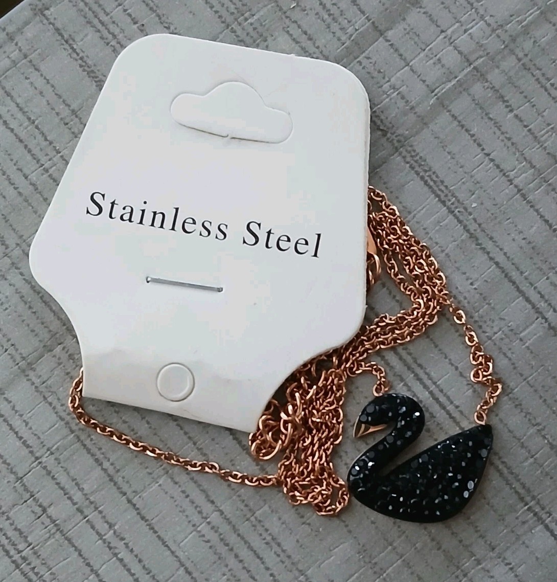 Black Swan W/Crystals Rosetone Stainless Steel Pendant Necklace 16-18″