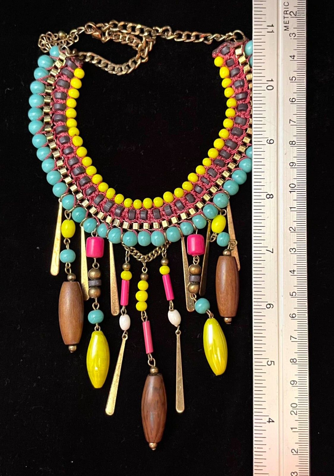 Boho Ethnic Statement Dangle Necklace Fringe Artsy Beachy Bright Multicolor VTG