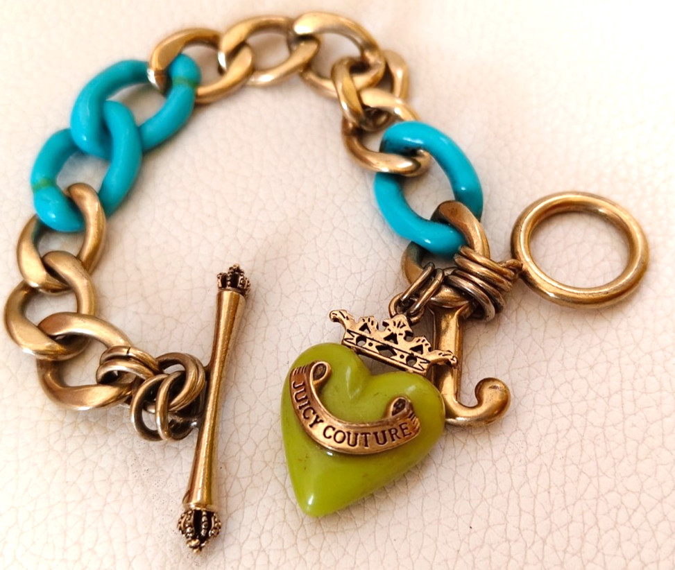 Vintage Juicy Couture Gold Tone Toggle Bracelet Turquoise Resin Links Green Hear