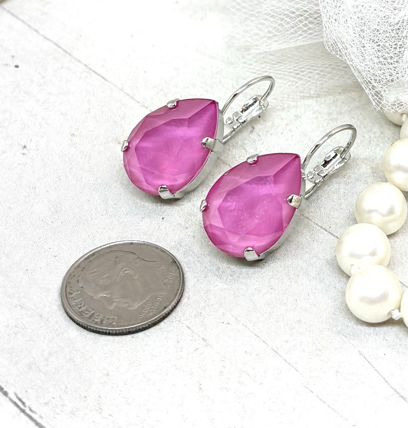 18mm Shiny Silver Plated Bubblegum Pink Pear Shaped Crystal Cup Chain Earrings