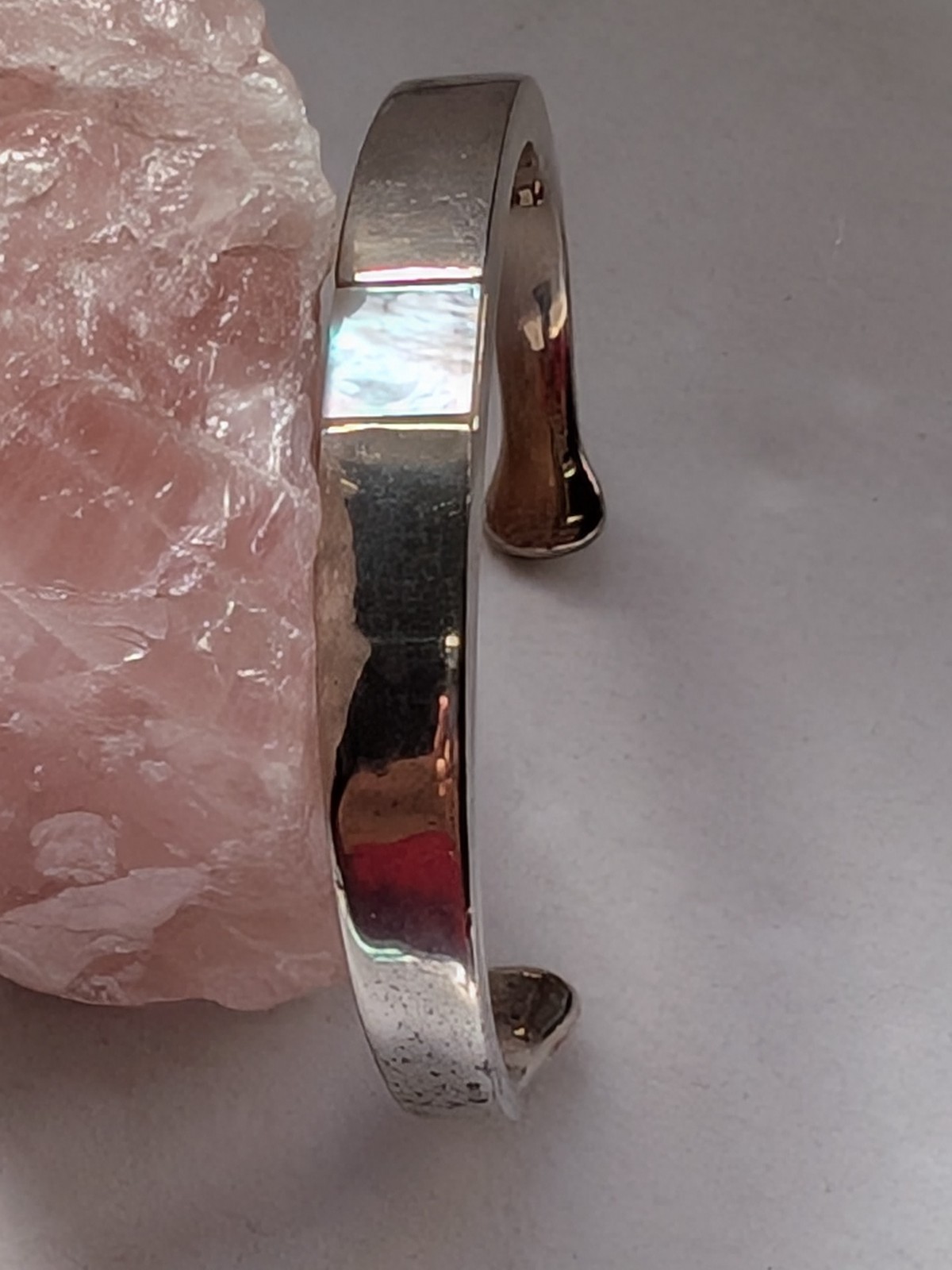 Vintage Silver Tone Solid Open SLIM Cuff Bracelet MOP centre 30g Dia 60x 45mm