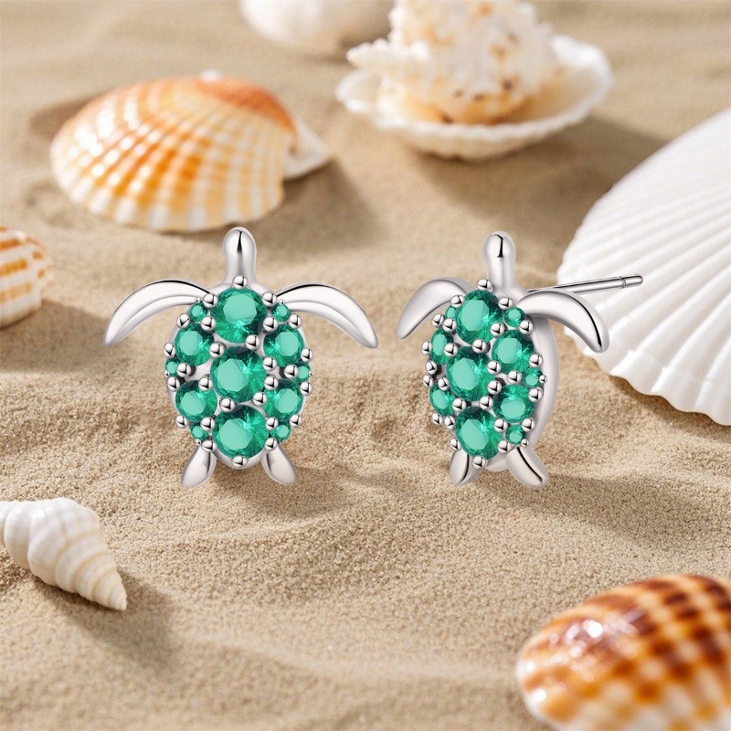 PANDACH 925 Sterling Silver Green Sea Turtle Stud Earrings For Women Post Studs