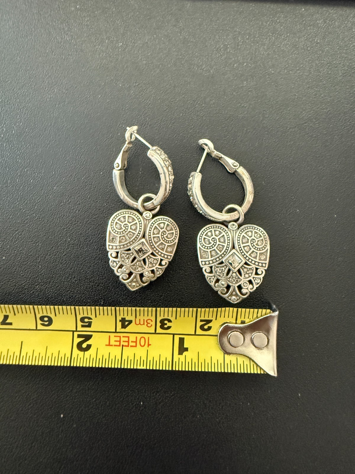 Brighton Silver Tone Heart Rhinestone Earrings Very Good Condition