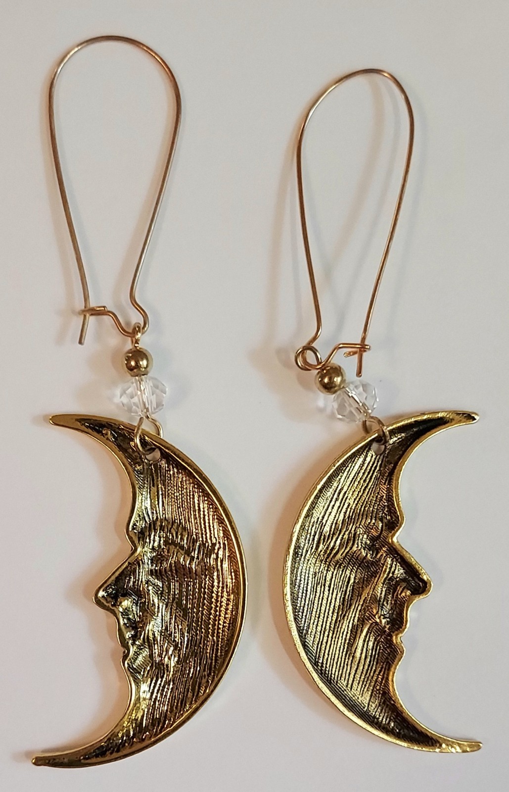 Moon Face Dangle Earrings Gold Tone Celestial Crescent Moon Statement