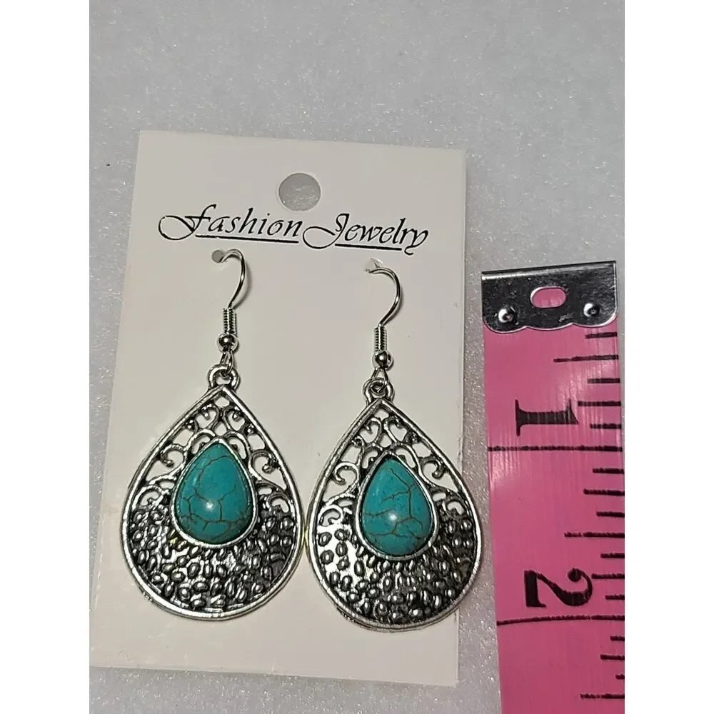 Silver Turquoise Stone Dangle Drop Fashion Earrings Set of 5 ~ NEW