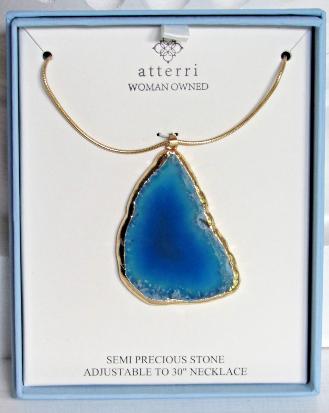 ATTERRI Semi Precious Stone Pendant Necklace Gold & Shades of Blue Adj 30″ NIB