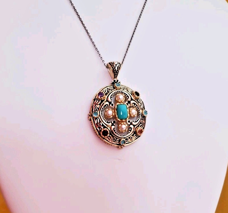 Semi-precious gemstone pendent CZ stones pearls .925 gold vermeil necklace
