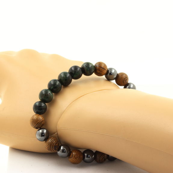 Zambia Emerald Bracelet + Hematite Beads + 8 Mm Wood. Made In France.