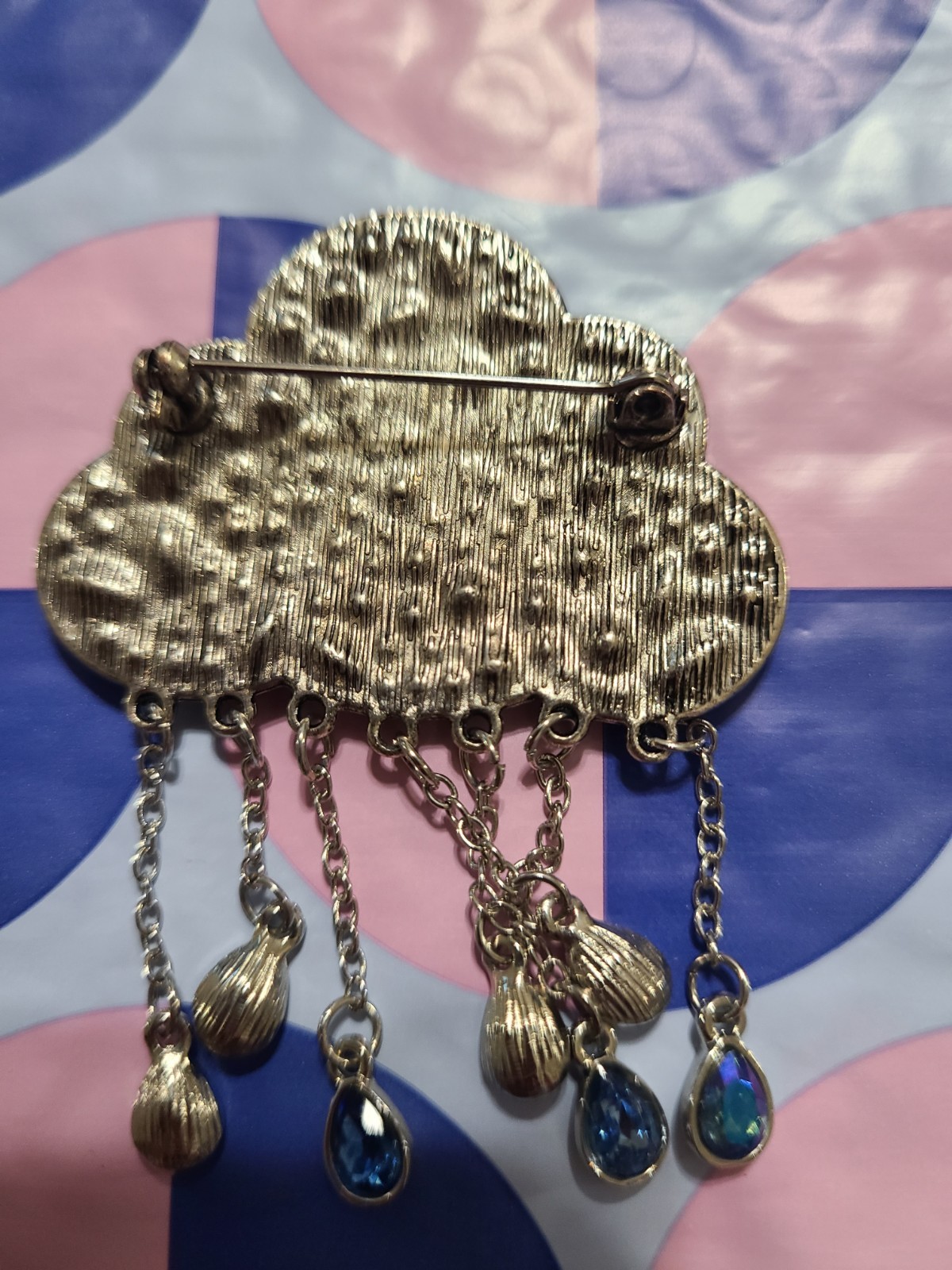 Silver Tone Cloud Brooch w/ Blue Crystal Rhinestones And Dangling Teardrops