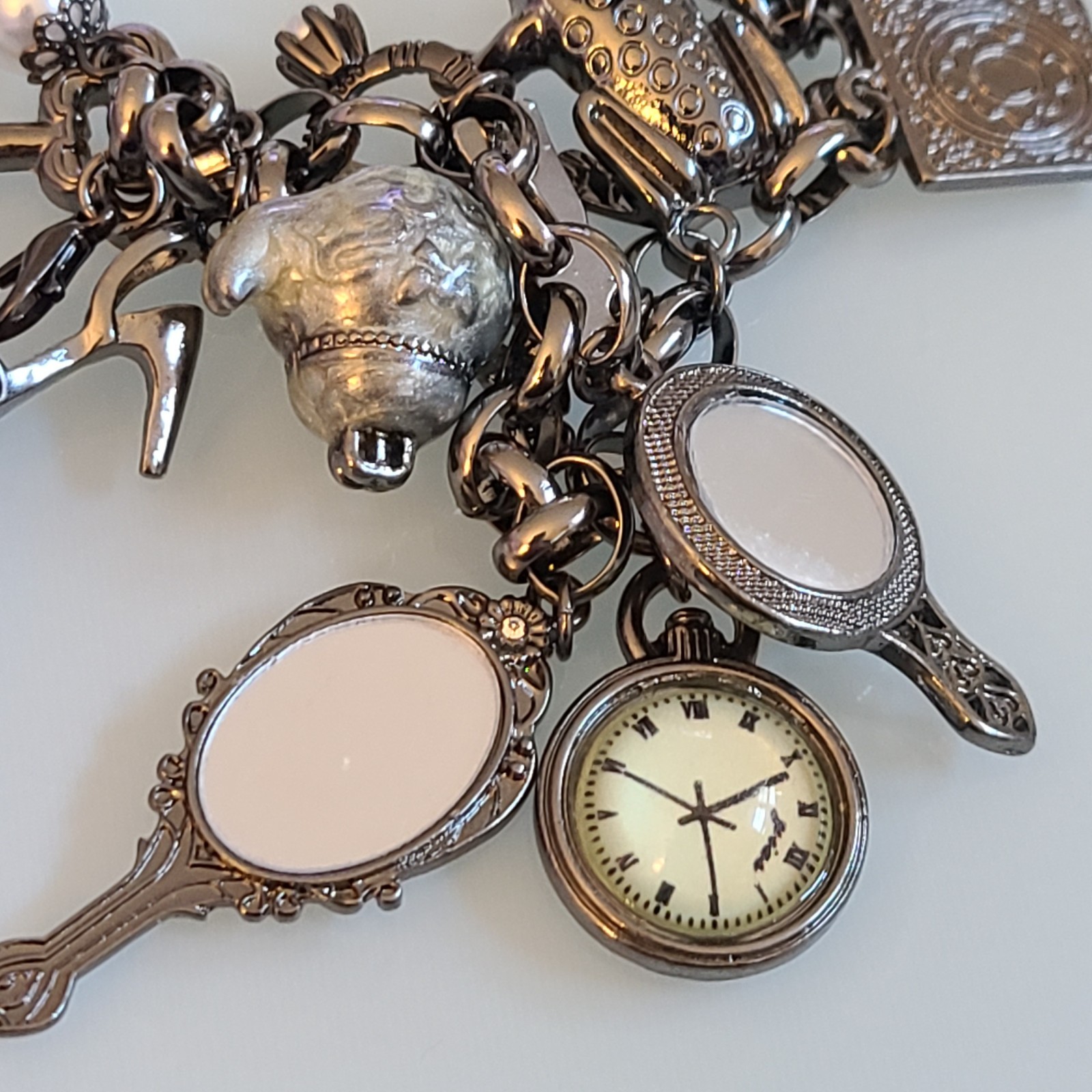 10″ Whimsical Fairytale Charm Bracelet Gunmetal Tone Teapot Frog Mirror Shoe Key