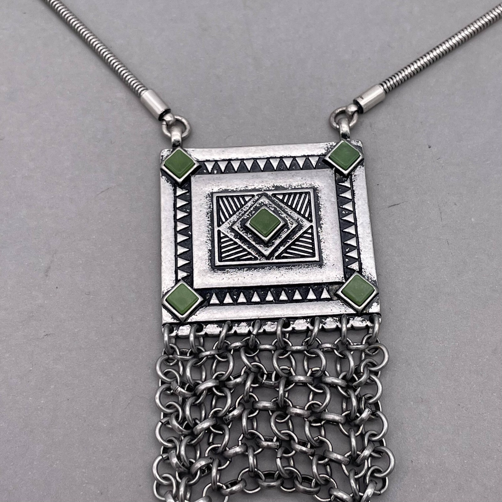 Jenny Bird Silvertone Snake Chain with Large Geometric Statement Necklace 30-32