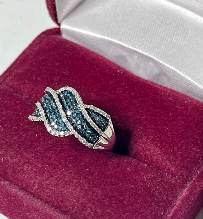 Silver Tone Blue & Clear Crystal Pavé Wave Band Ring, Size 7