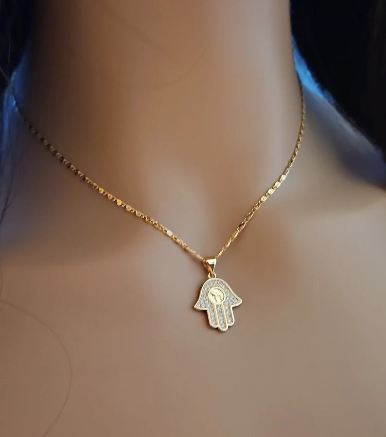 Gold Hamsa Necklace, 14k Heavy Plated Gold, Small Dainty CZ Hamsa Necklace,