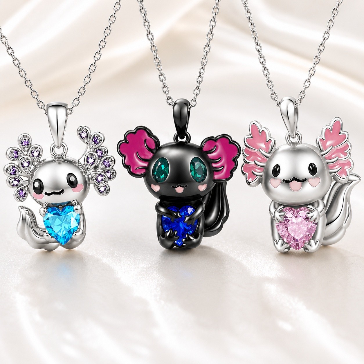 Pendant Necklace Rhinestone Axolotl Enamel Aquamarine Deep Pink Capri Blue N103