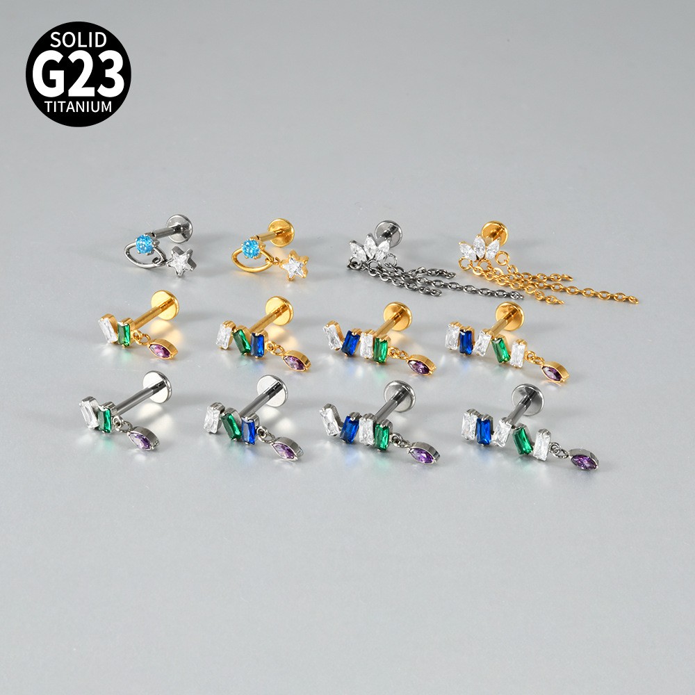 G23 Titanium Cartilage Stud Earring 16G Star/Chain Drop Labret Stud Ear Piercing