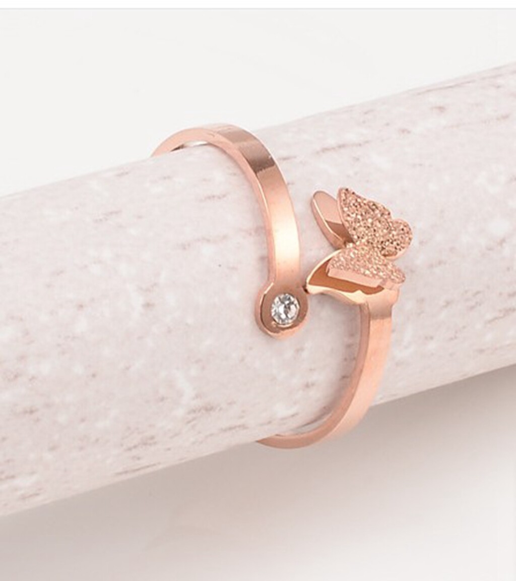 Women / Girl Gold Plated CZ Butterfly Adjust Titanium Stainless Steel Open Ring