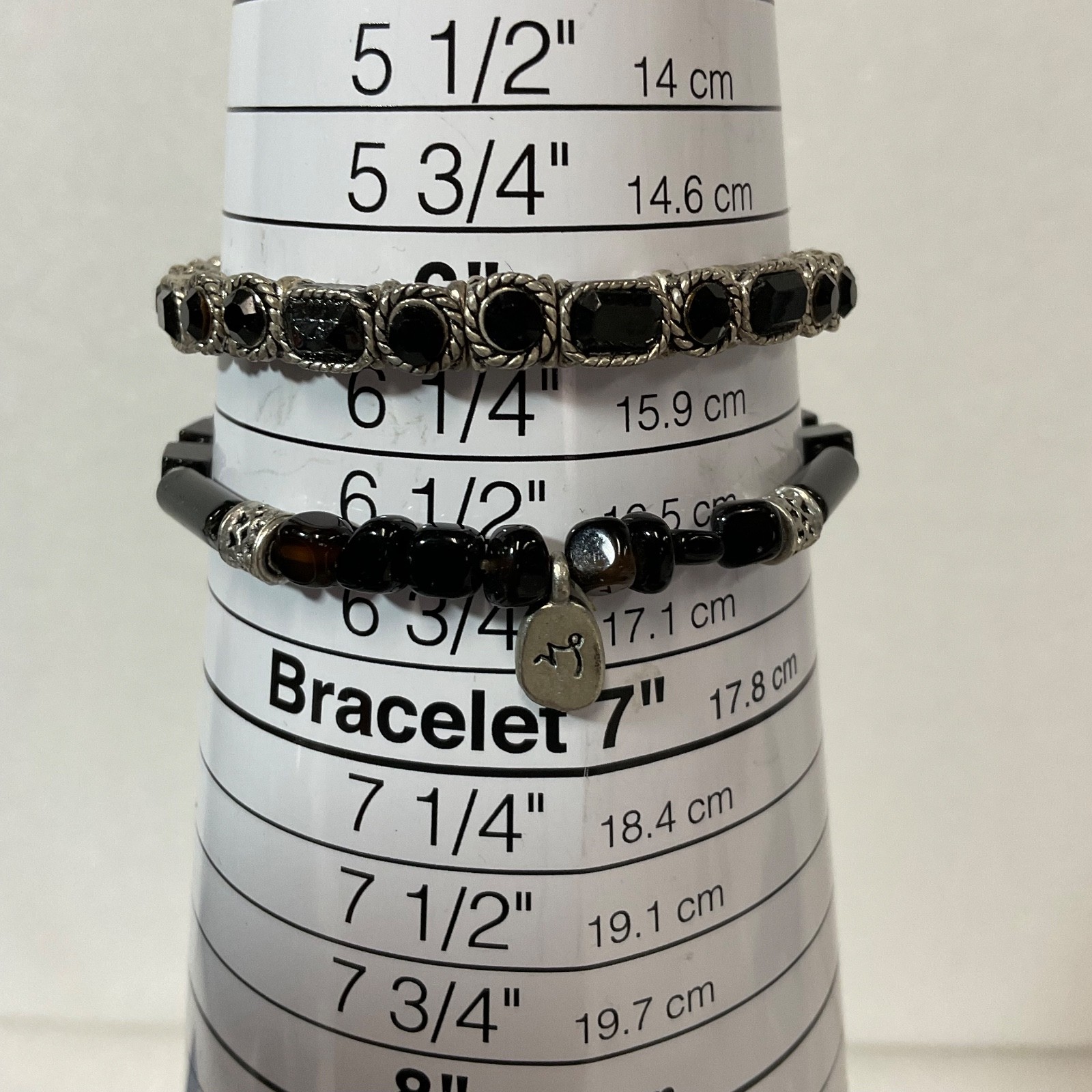 6in & 6.5in Black Beaded Bracelet Pair Silver Tone Stretch Jewelry Set