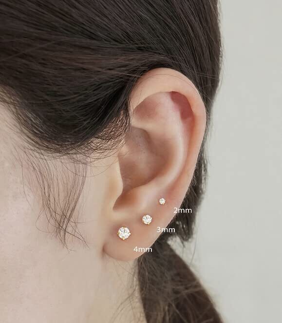 2mm CZ Flat Screw Back Stud Earrings,14K Gold Small Cubic Zirconia Earrings for