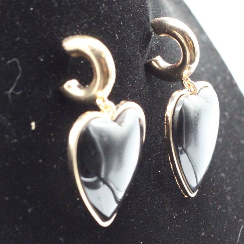 Gold Black Acrylic Heart Chunky Dangle Drop Fashion Post Earrings ~ NEW