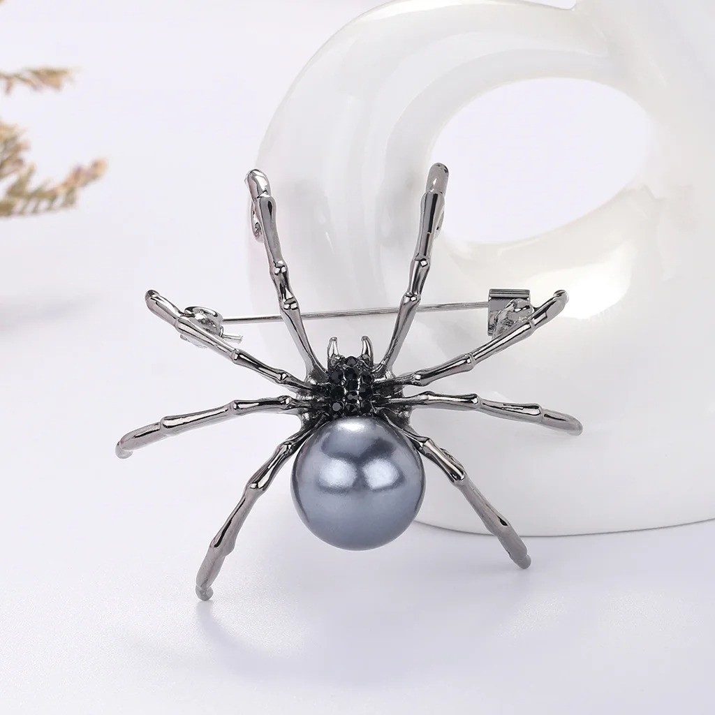 Vintage Black Rhinestone Spider Brooch Pearl Pin Insect Bug Jewelry Summer Gift