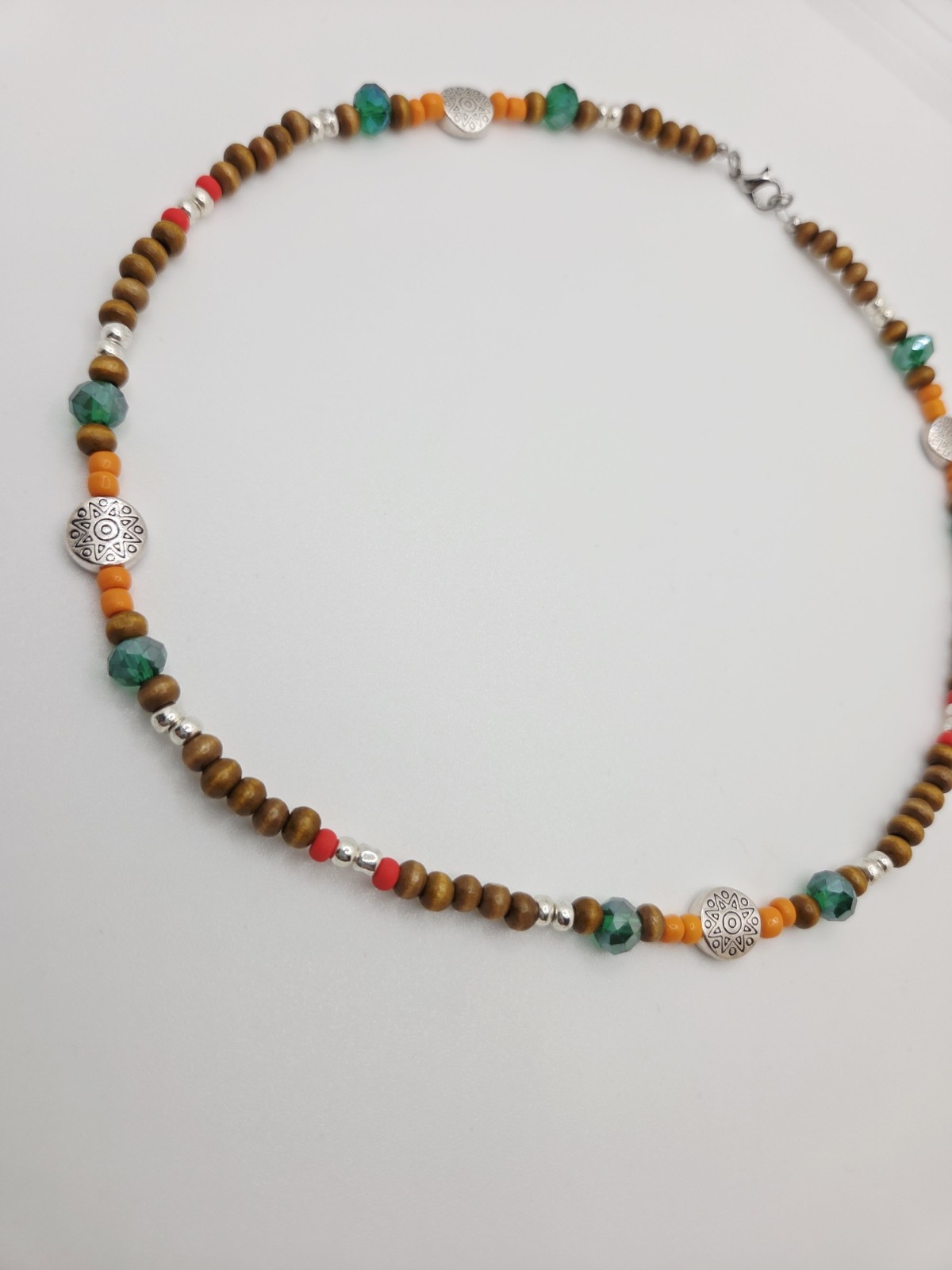 Beaded Necklace Wood Glass Beads Bohemian 18 Inches Lobster Clasp Green Red Boho