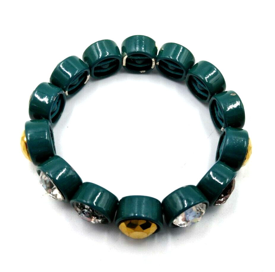 BOHO Green Metal Stretch w/ Gold, Purple, Clear Crystals Bracelet Fits up to 7″