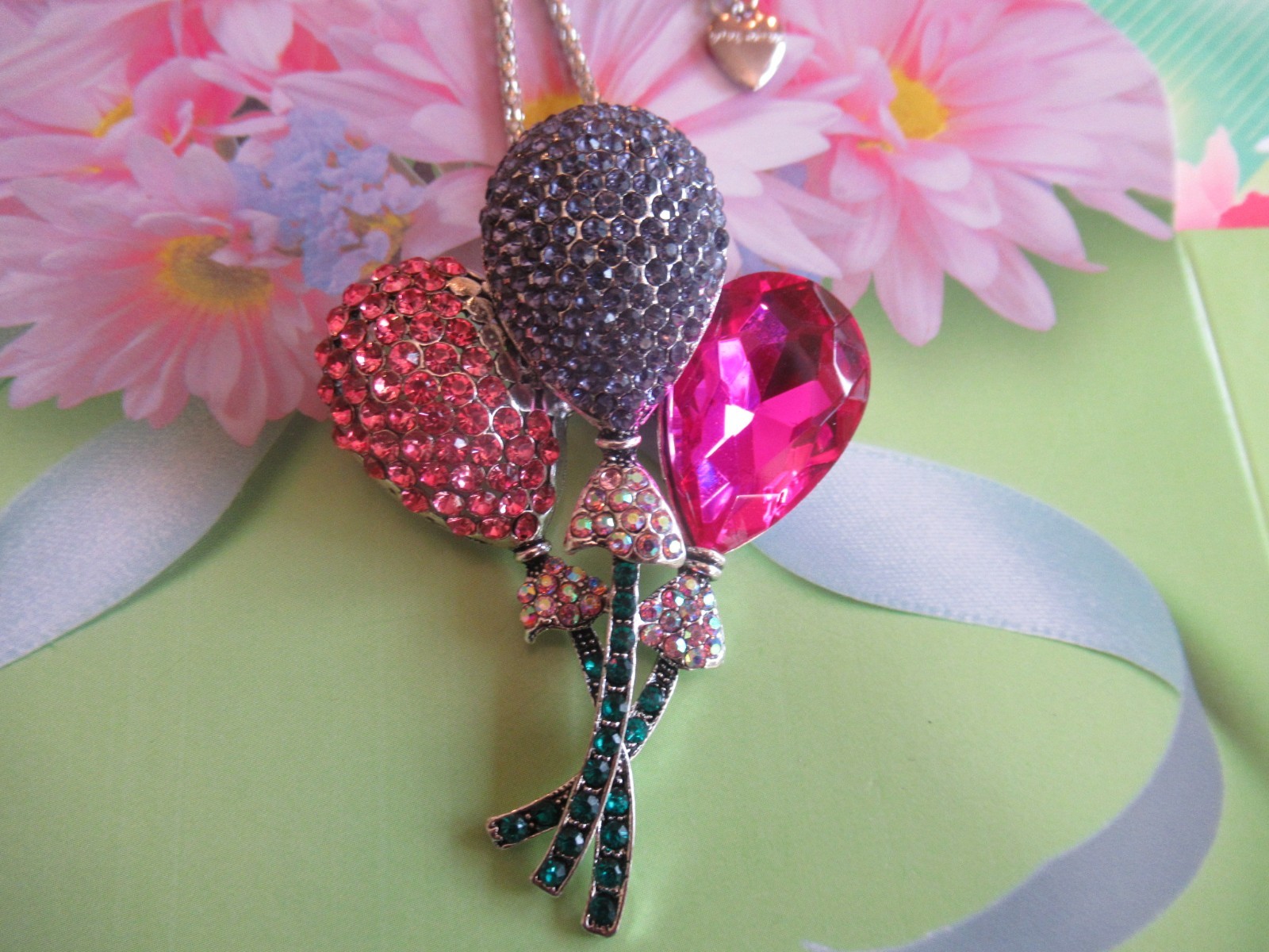 Designer Style PINK PURPLE Crystal B-Day Balloons Pendant NECKLACE/ BROOCH NEW