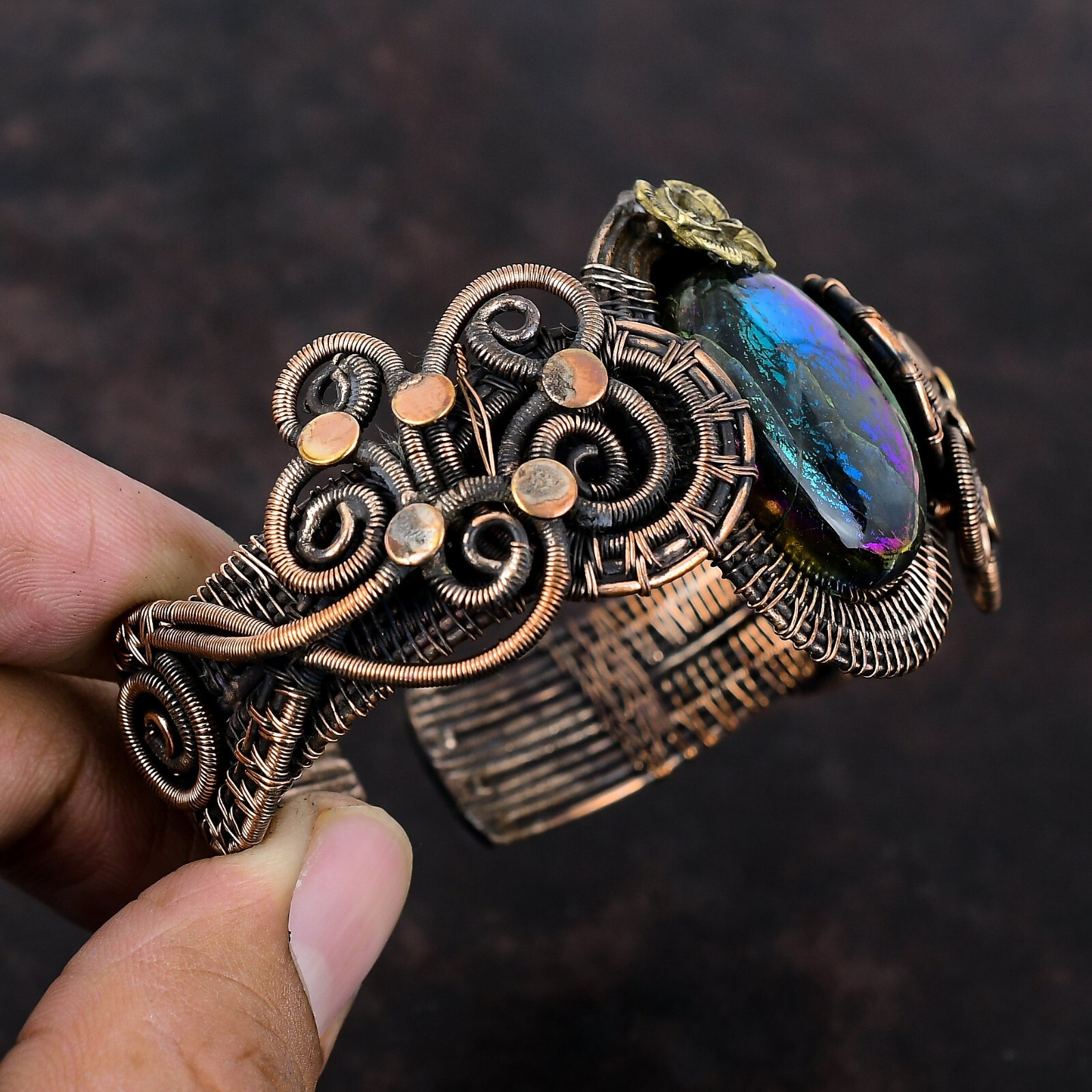 Gift For Her Mystic Fire Labradorite Wire Wrapped Flower Adjustable Cuff Copper
