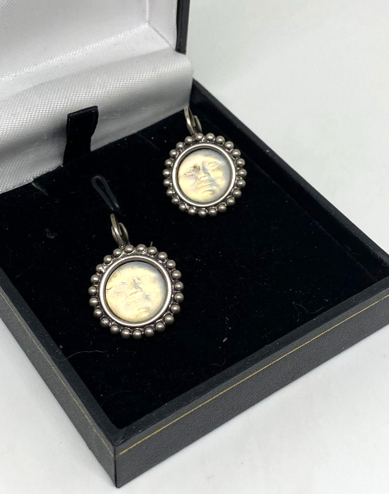 Kirks Folly Moon Face Earrings Iridescent Silvertone Leverback Signed Celestial
