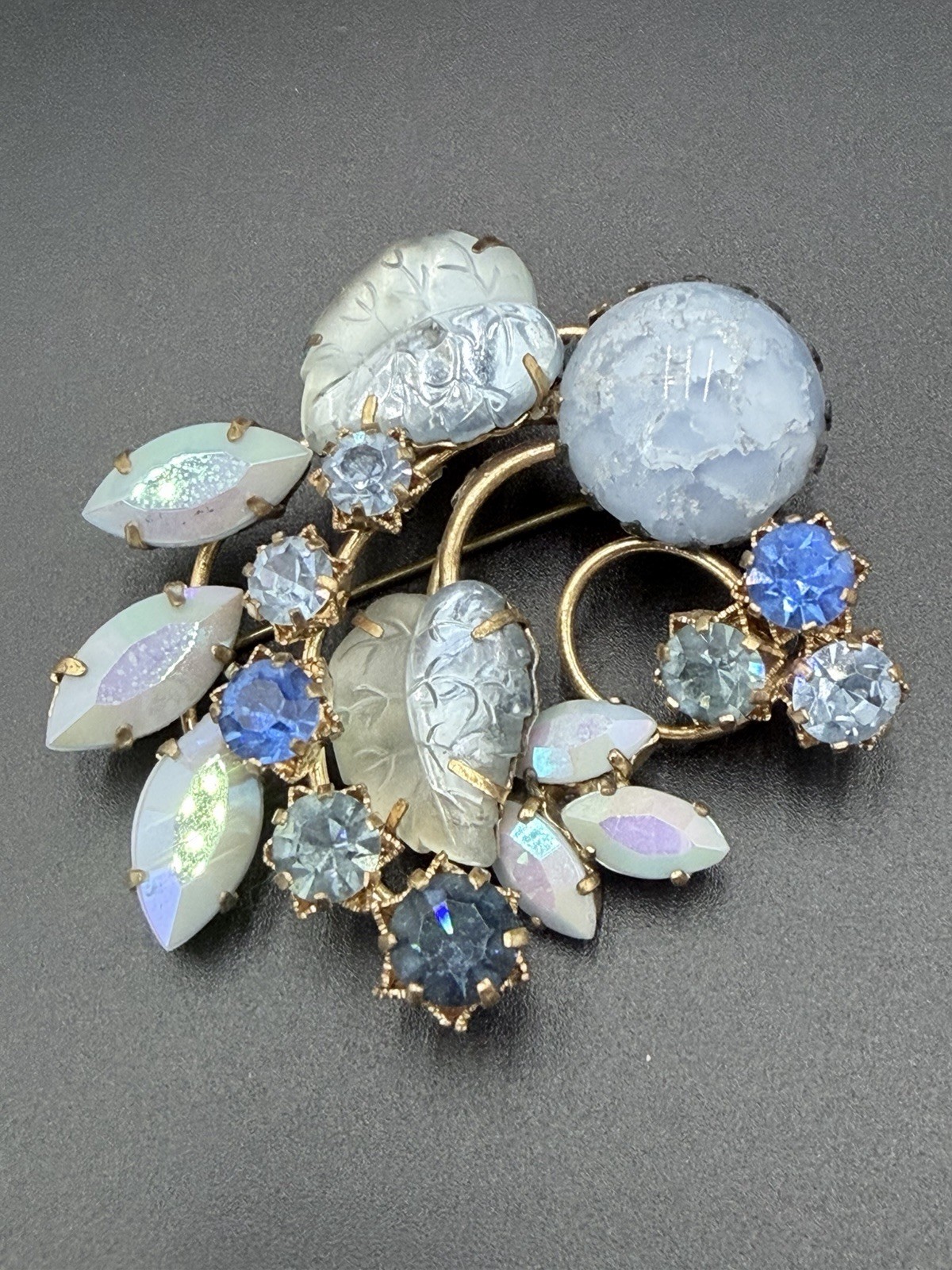Judy Lee Vintage Signed Blue Rhinestone Flower Clip-On Earrings/Triad Broach Lot