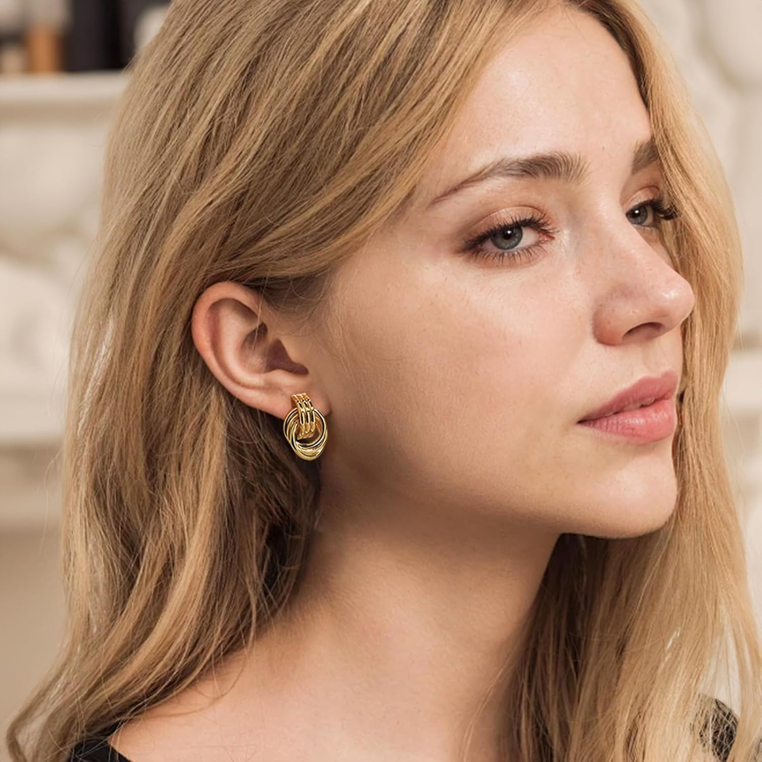 Gold-Plated Chunky Gold Earrings for Women Knot Link Circle Geometric Drop Dangl