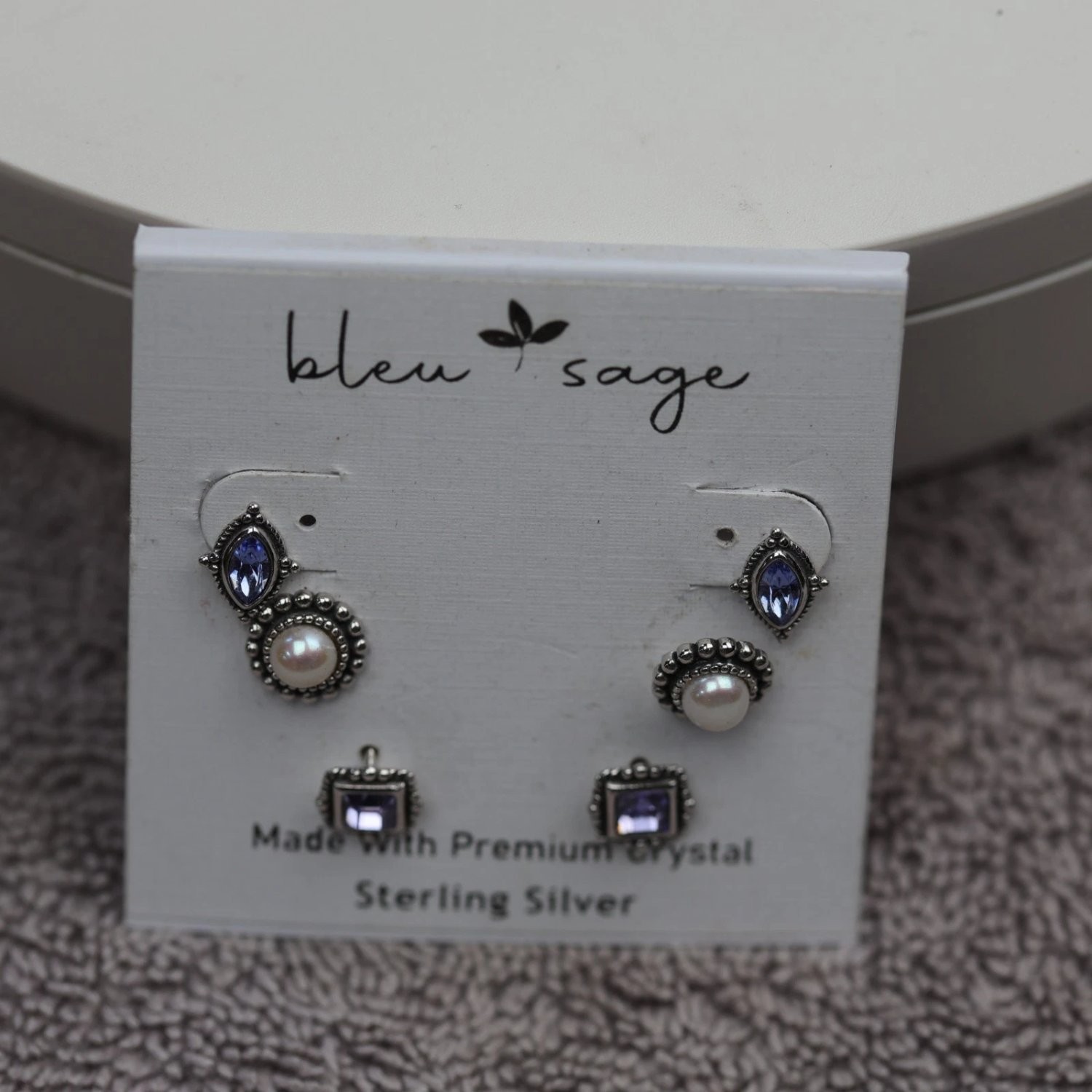 Bleu Sage Earrings 3 Pair Set Sterling Silver Crystal Faux Pearl Small Used