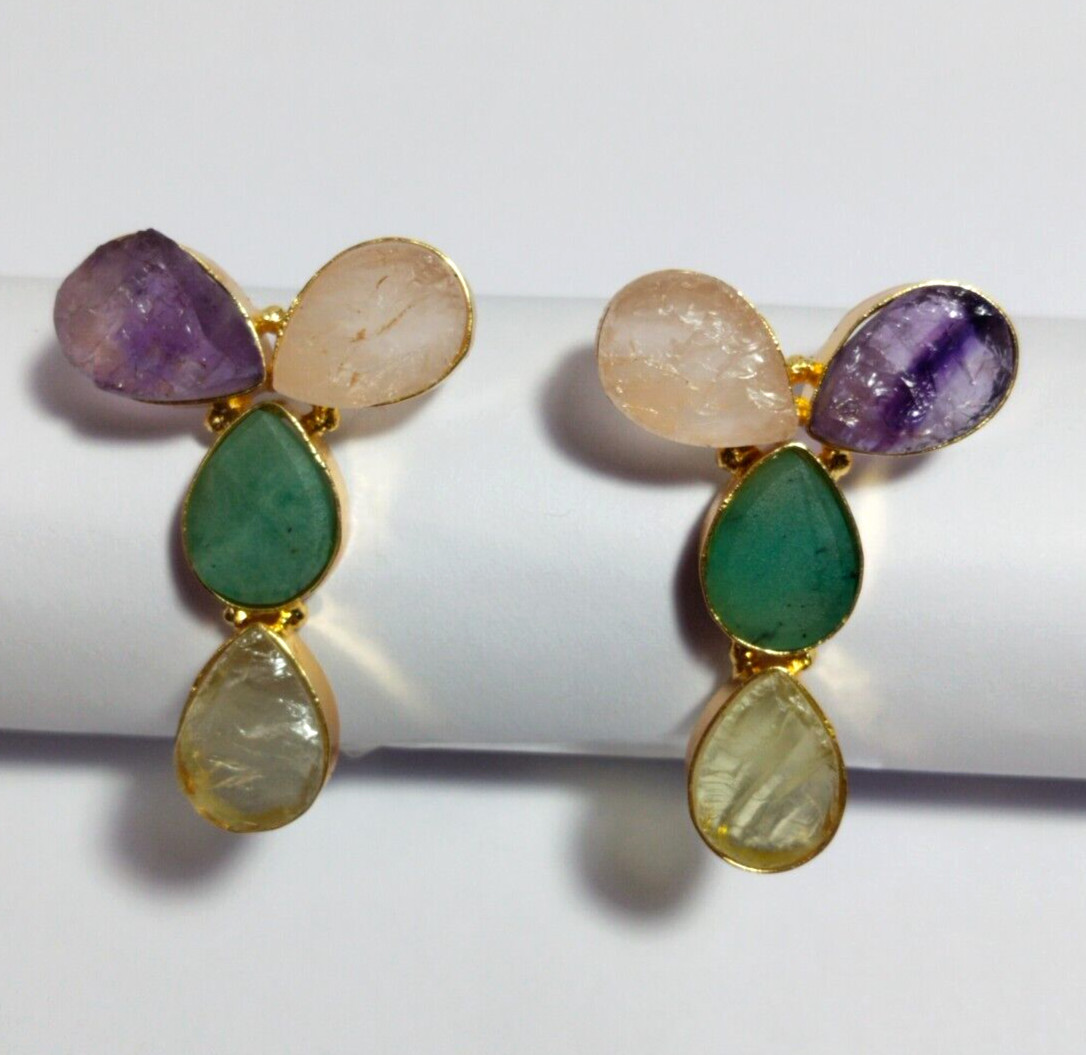 Natural Multi Color Stone Rough Earrings Gold Plated Earrings Birthstone Earring
