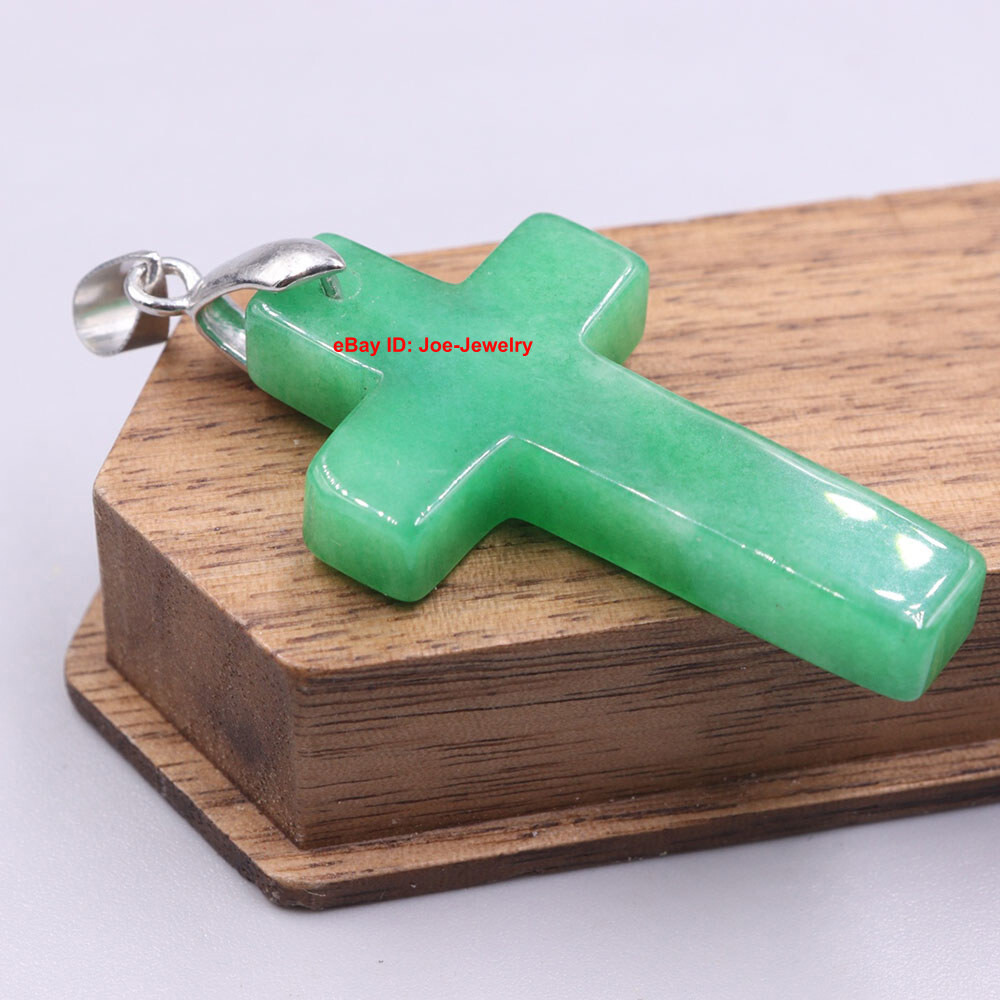 New Arrival White Alloy Heated Green Jade Cross Pendant 1.45inch H GIFT