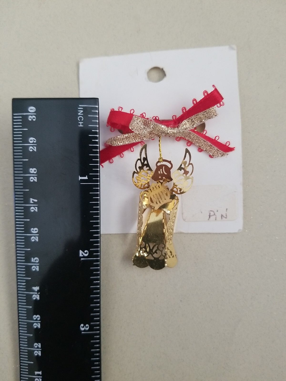 Angel Lapel Broch Scarf Gold Tone Pin With Red Ribbon Bow 2 Inches Harp