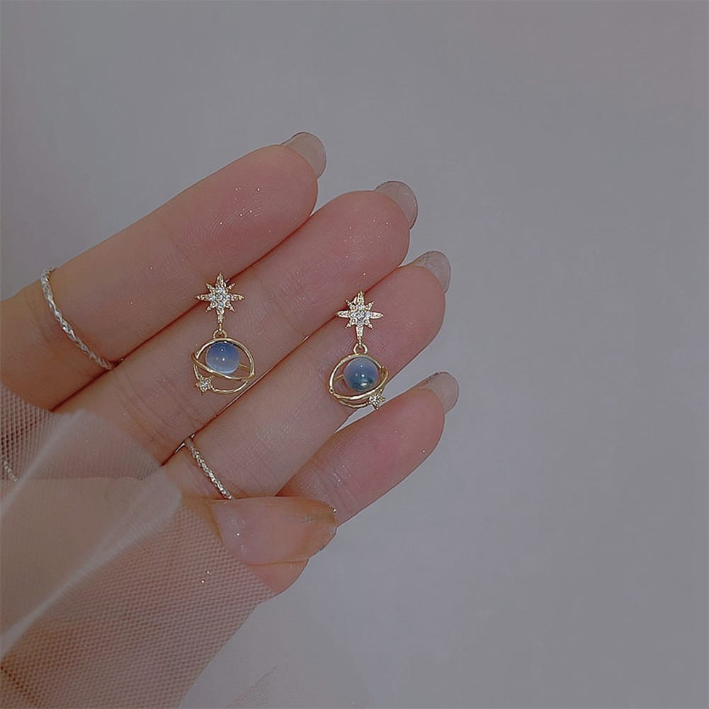 Celestial Planet Star Drop Earrings Blue Glass Bead Gold Tone Stud Earrings Wome