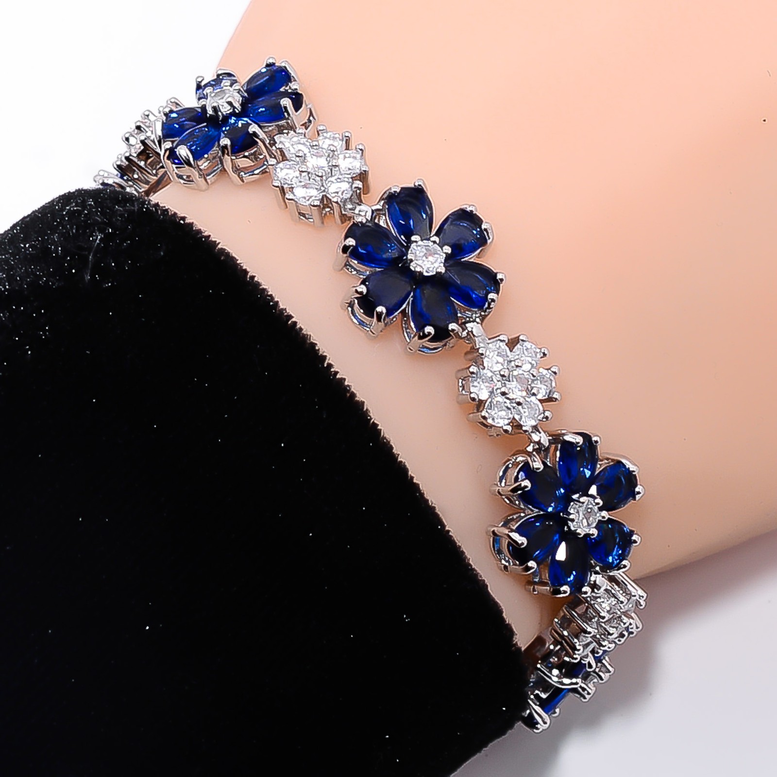 Blue Sapphire -Simulated, CZ 925 Sterling Silver Adjustable Bracelet 7-8″ B2628