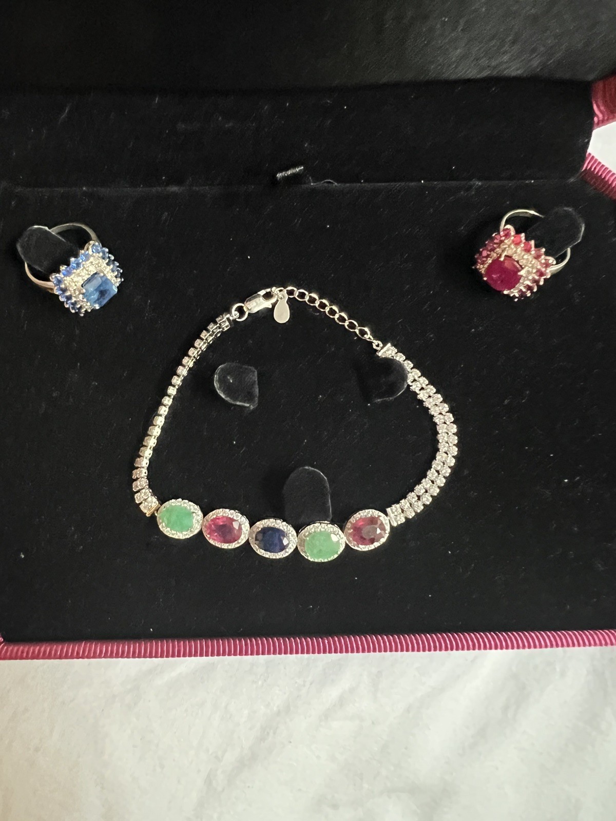 Cocktail Party Sterling Silver Red Green Blue Earring Necklace B/Rings Set Women