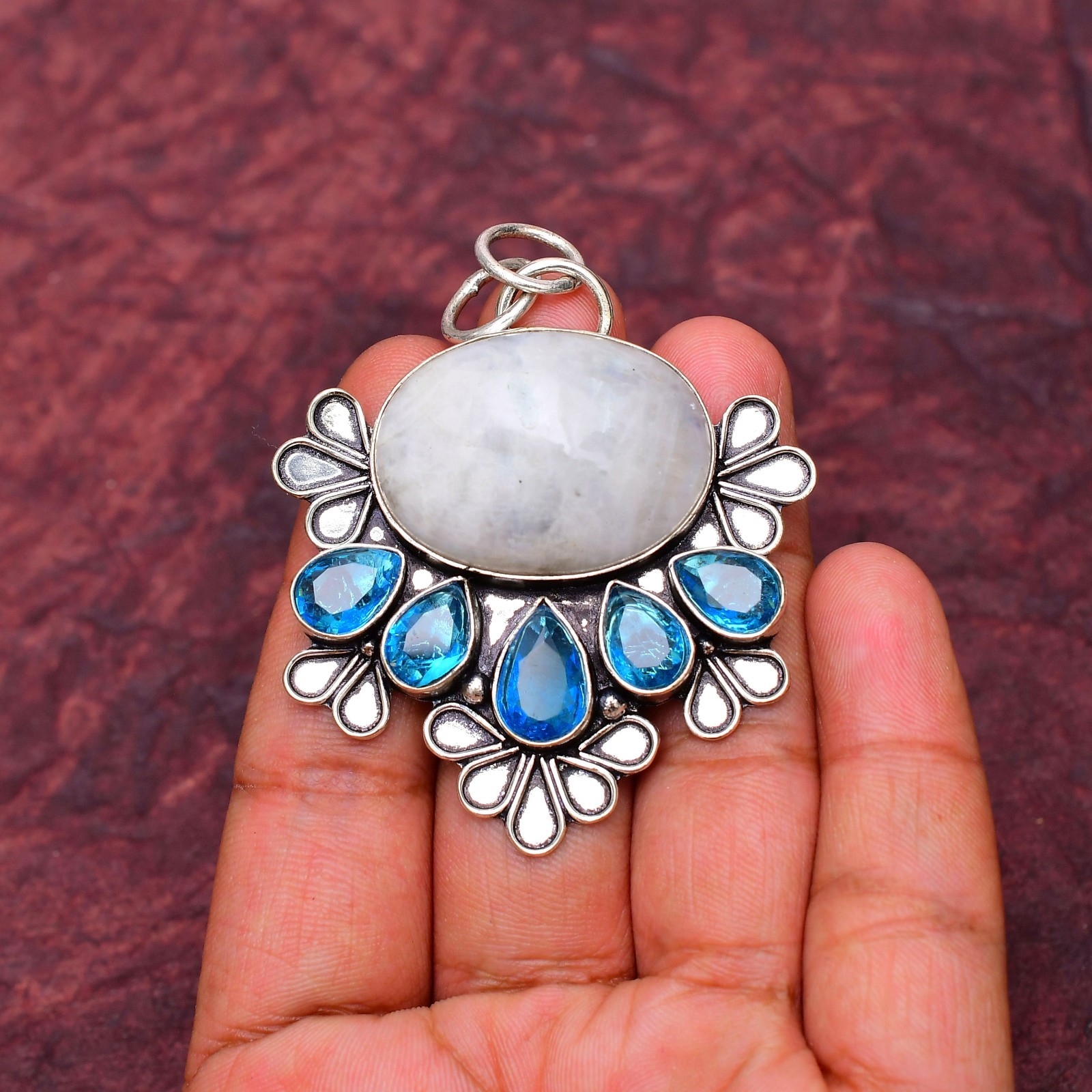 Moonstone (Lab-Created)Gemstone 925 Sterling Silver Pendant Approx – 2.16″