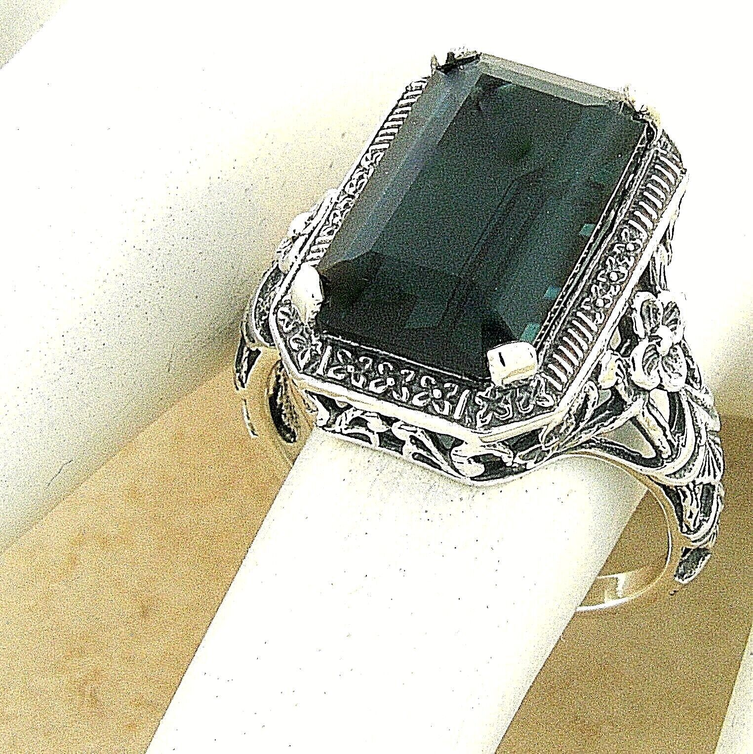 925 STERLING SILVER ART DECO STYLE RING 6 CT LONDON BLUE SIMULATED TOPAZ #1141