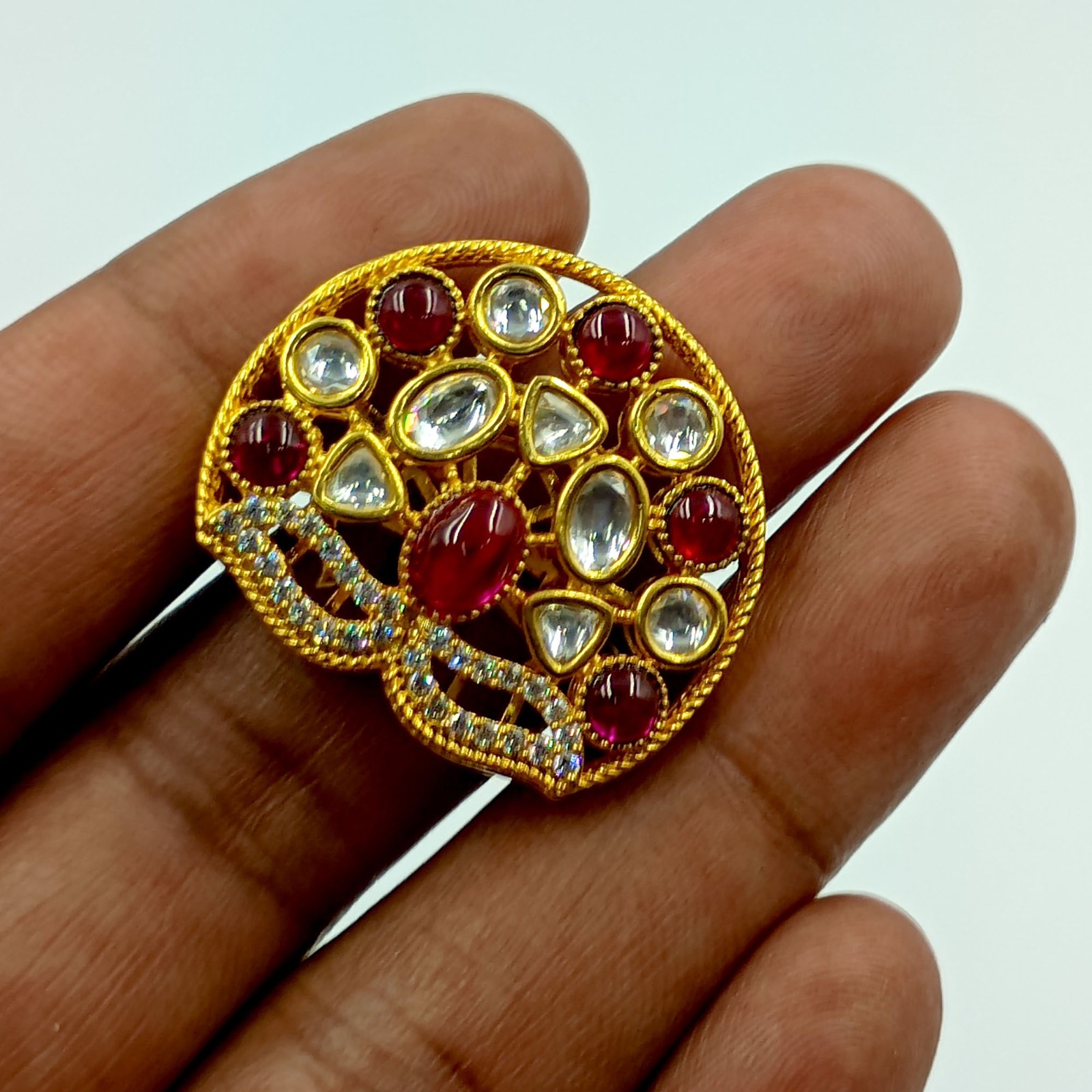 Traditional Indian Kundan Polki Ring Ruby Stone 22k Gold Plated Adjustable Band