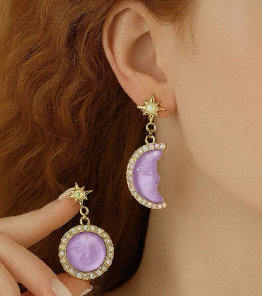 Goddess Moon Sun Star Earrings Face Mismatch Gold Deco Celestial CZ Asymmetric