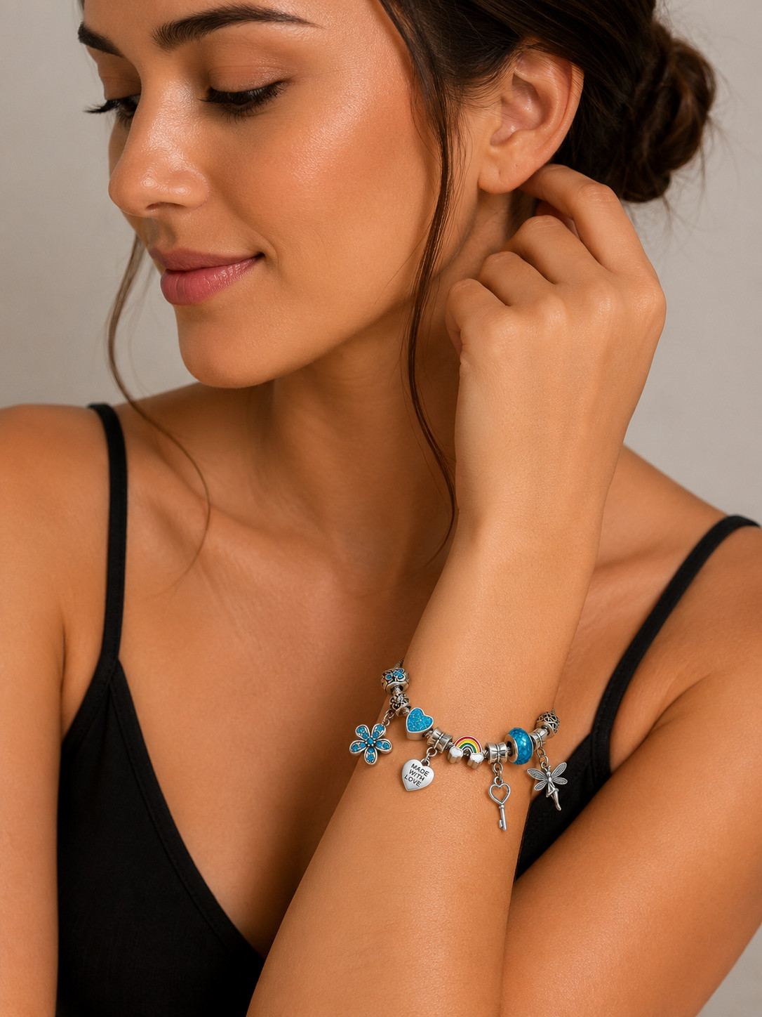 Blue Heart Fairy Charm Bracelet Silver Rainbow Rhinestone Jewelry