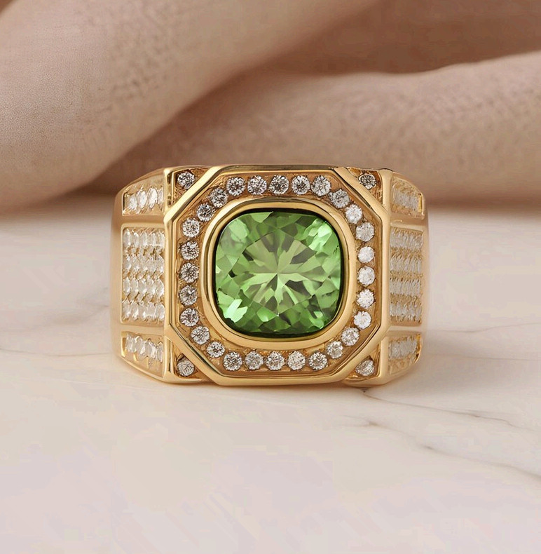 Gold Steel Men Signet Ring Cushion Cut Green Gemstone