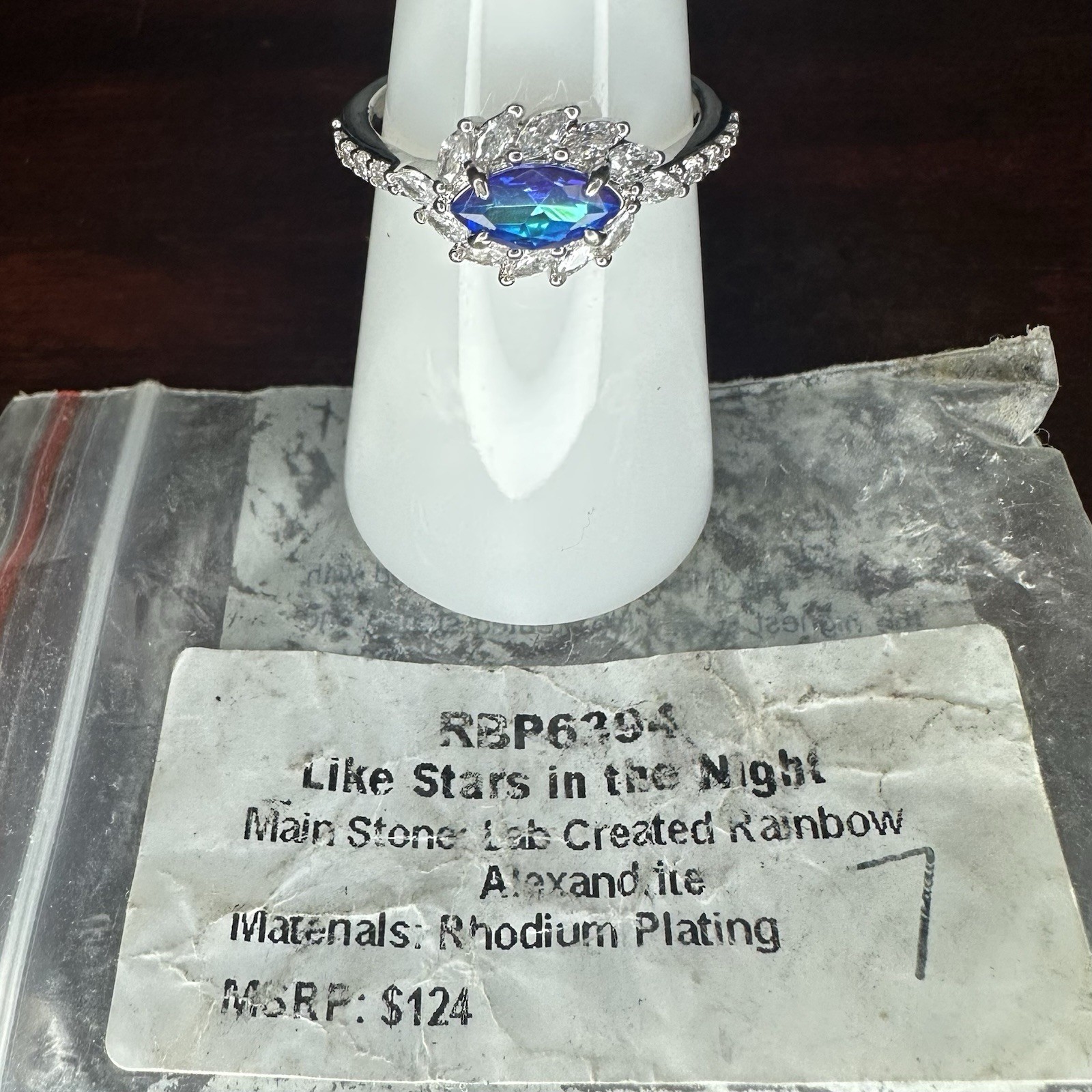 Bomb Party Ring- 6394- Lab Created Rainbow Alexandrite- Size 7- Rhodium Plated