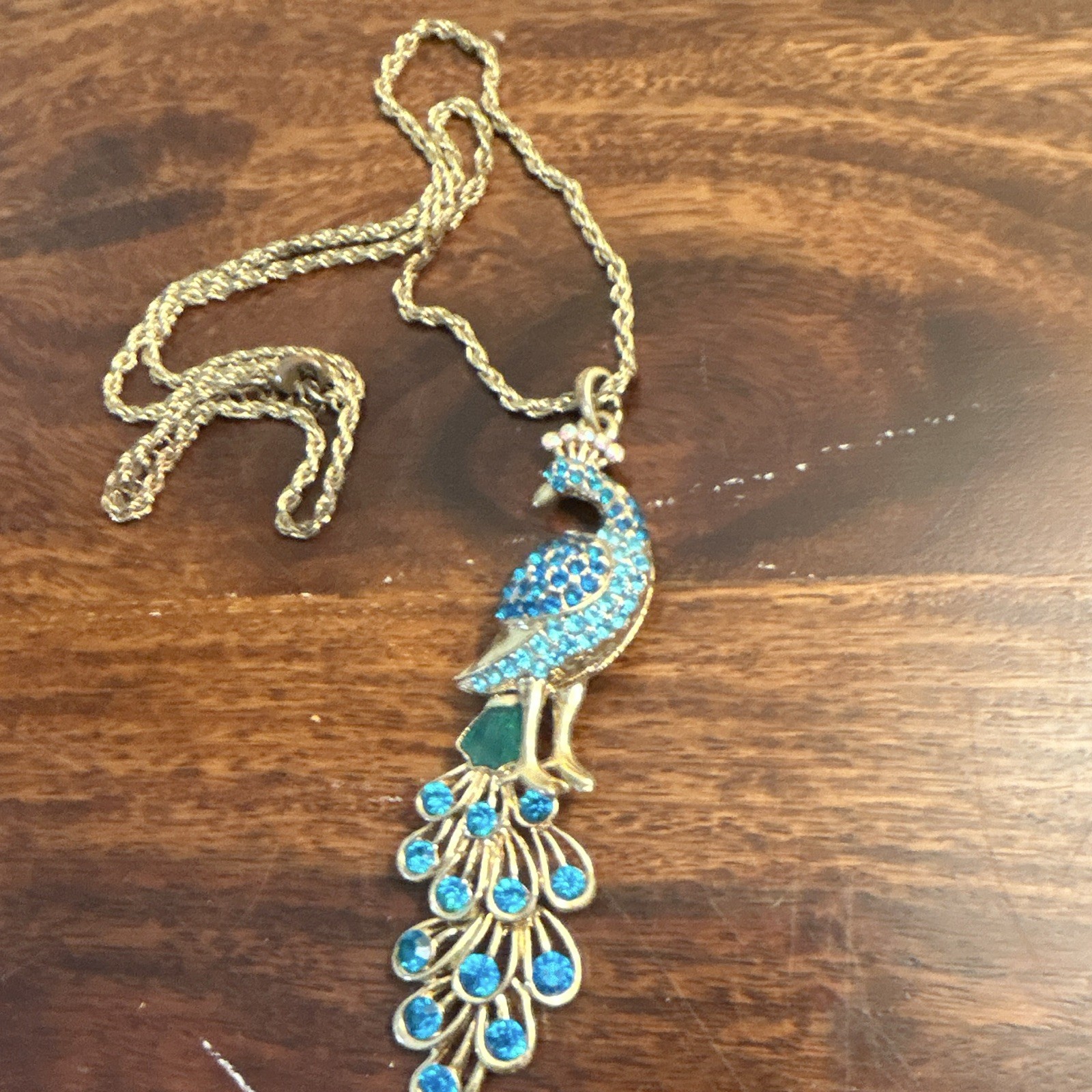 Gold Tone Rope Chain Necklace Peacock Bird Charm Pendant w/ Blue Rhinestones