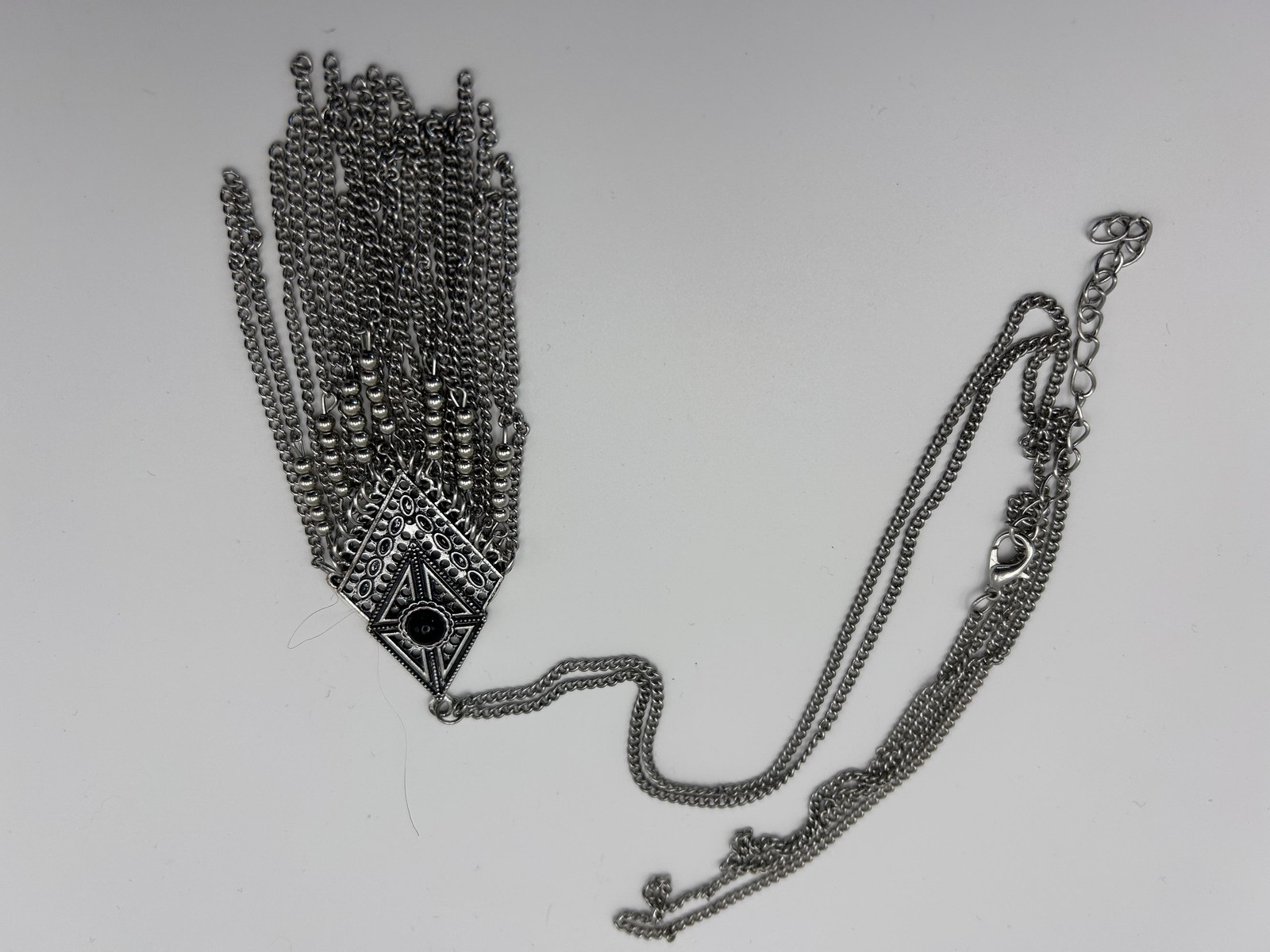 Necklace Silver Tone Geometric Pendant Fringe Tassel Chain Statement 22 Inch
