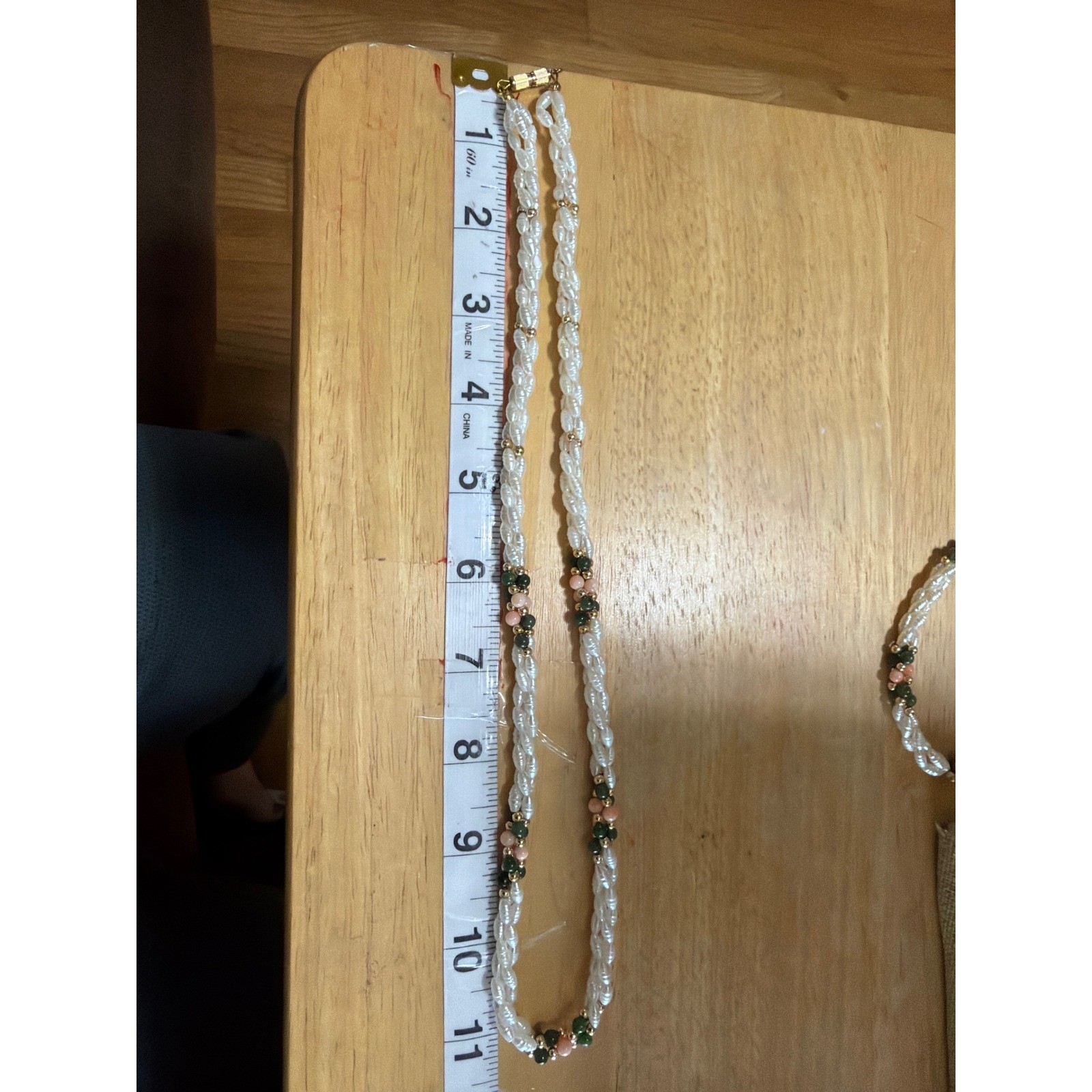 Twisted Rice Pearl Necklace Bracelet Set Green Jade Pink Coral Beads Fariy Boho