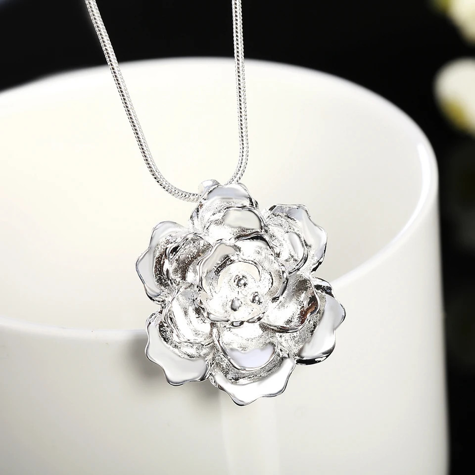 Flower Pendant Necklace 925 Sterling Silver 16-30in Snake Chain Women Jewelry
