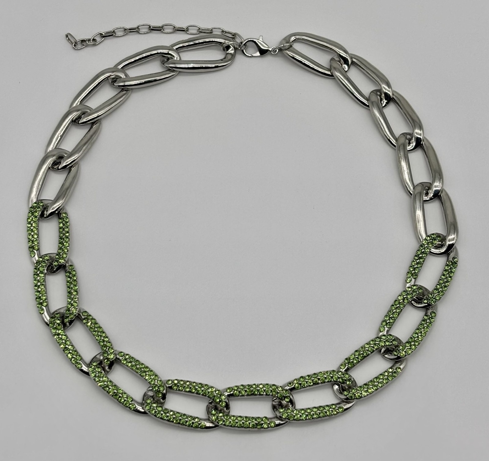 Curb Link and Green Pave Crystal Silver-Tone Collar Necklace Adjustable Unsigned